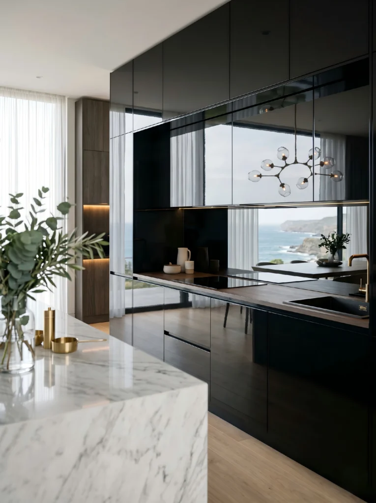Detailed view of high-gloss black mirrored kitchen cabinetry from George Homes, reflecting a large crystal chandelier, with marble island and gold faucet in the foreground.