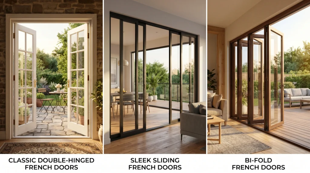 Comparison of 2026 trending French door types including classic double-hinged, sleek sliding, and modern bi-fold doors for patio access.