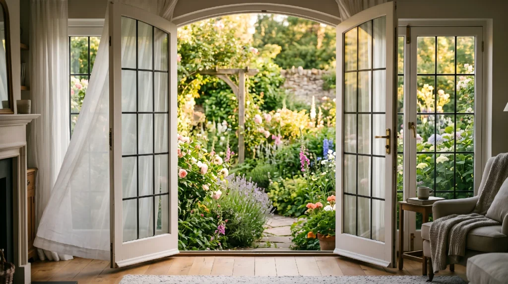 Beautiful classic white double exterior French doors opening outwards to a lush, sunlit garden, maximizing natural light.
