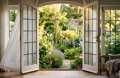 Beautiful classic white double exterior French doors opening outwards to a lush, sunlit garden, maximizing natural light.