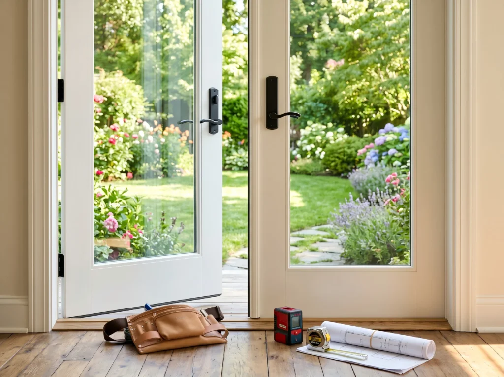 Construction blueprints, measuring tools, and a tool belt placed by an open exterior French door, representing professional B2B project management and sourcing.