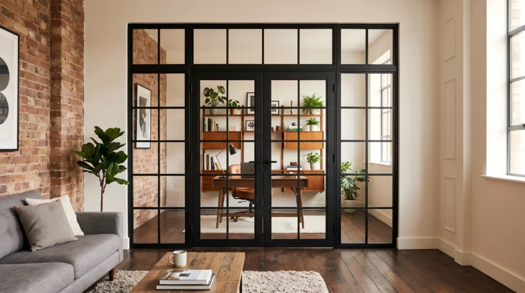 Modern interior black metal and glass French doors effectively zoning a living room from a stylish home office workspace.