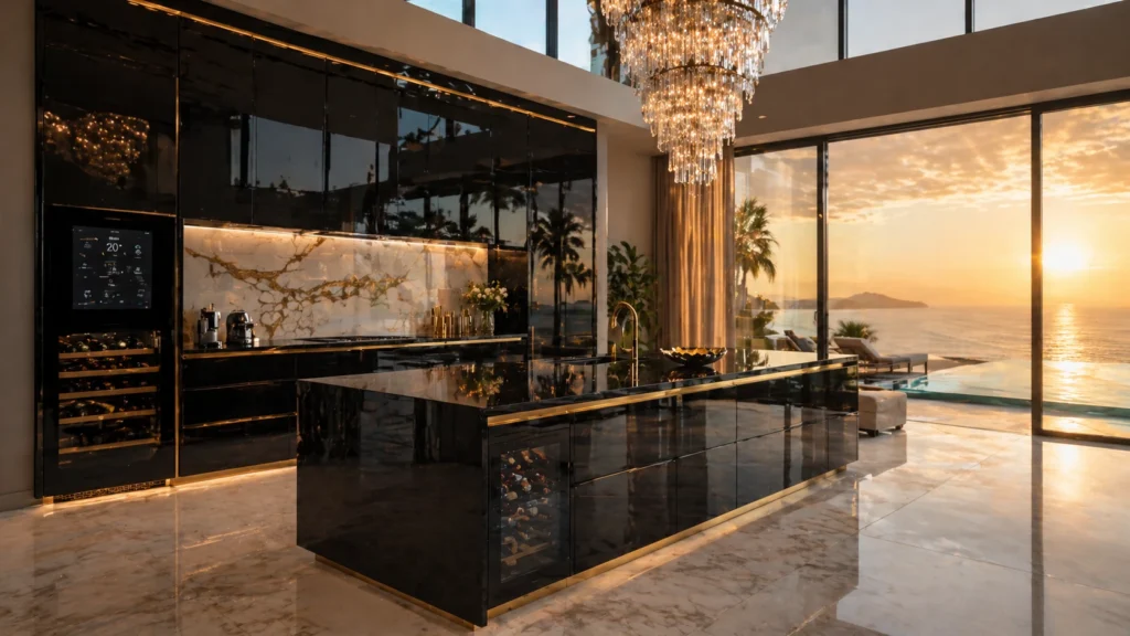 High-gloss black mirrored kitchen island by George Homes with integrated wine cooler and gold accents, facing ocean sunset and infinity pool.