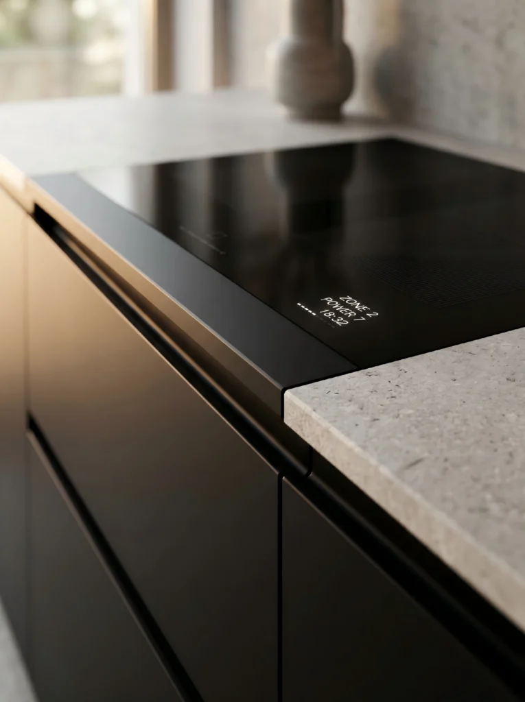 Close-up detail of a modern bespoke kitchen from George Homes with textured stone countertop and integrated smart induction hob with a subtle digital display.
