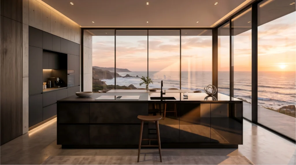 Modern minimalist kitchen with matte black and mirrored island facing stunning ocean sunset. George Homes luxury villa mixed finish design.
