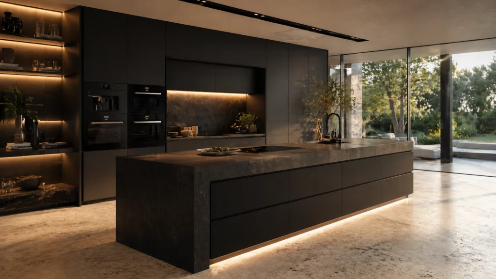 Luxury all-matte black custom kitchen cabinetry by George Homes with large island, facing lush garden and outdoor pool.