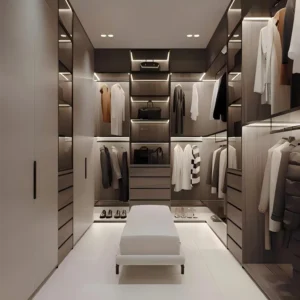 Architectural walk-in closet design highlighting modular shelving, soft-close drawer banks, and structural aluminum framework engineered by George Homes.