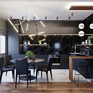 Bespoke dark kitchen design featuring a sleek wooden breakfast bar, dining area, and striking modern pendant lighting.