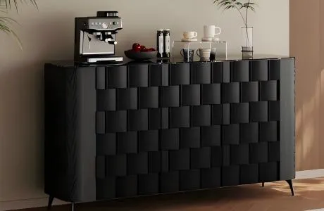 Modern black textured sideboard and console styling serving as a coffee station, perfect for premium apartment and boutique hotel interiors.