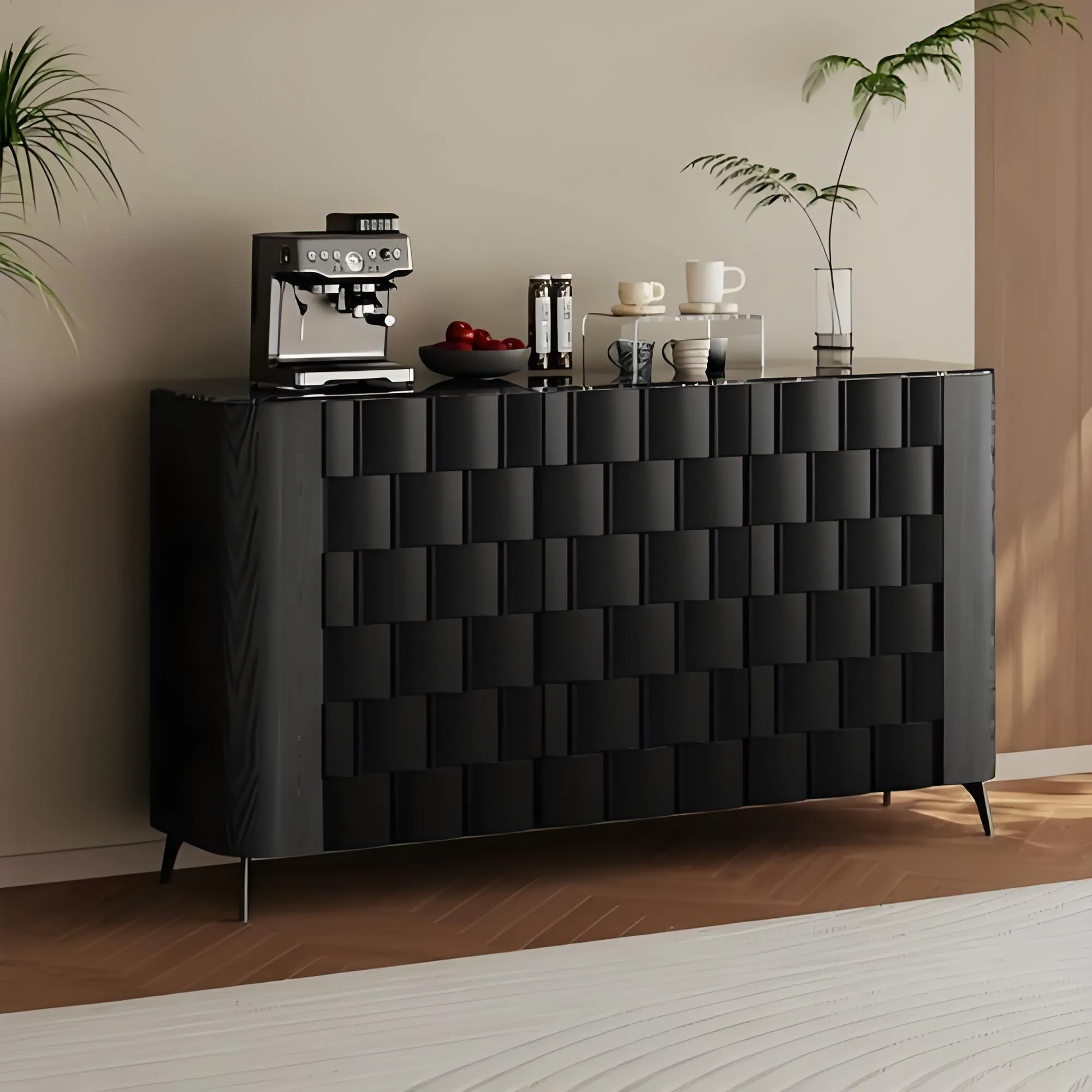 Modern black textured sideboard and console styling serving as a coffee station, perfect for premium apartment and boutique hotel interiors.
