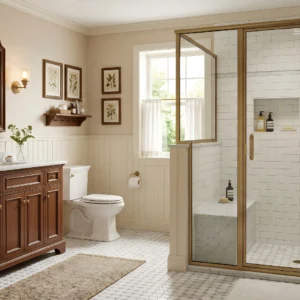 High-end brushed brass framed hinged shower door in a classic luxury residential bathroom setting.