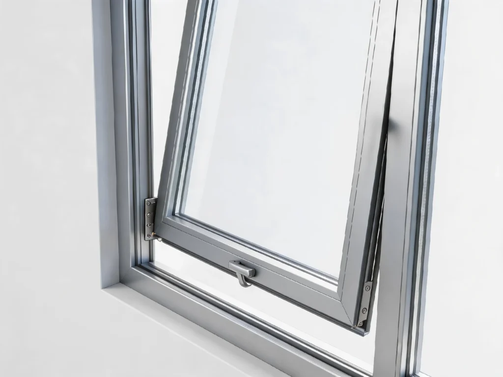 Close-up of an aluminum window hinge and handle mechanism, highlighting the hardware differences between awning and casement windows.