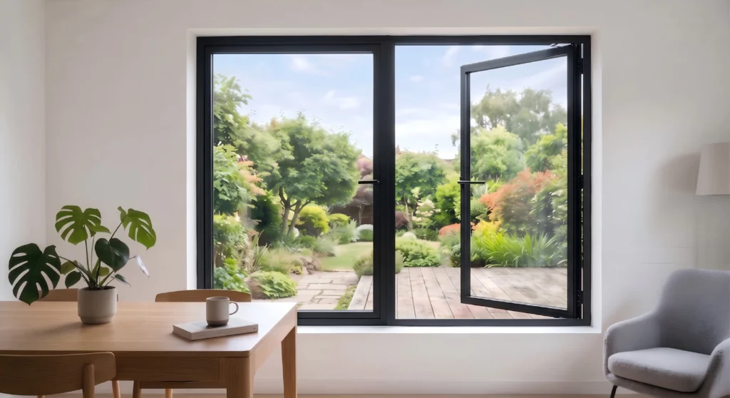Interior view of a dining room featuring a large open casement window, providing unobstructed garden views and ample natural lighting.