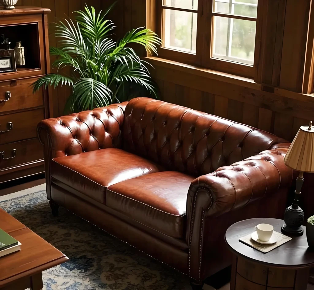 Classic brown tufted aniline leather sofa in a rustic setting, representing high-value furniture assets available through B2B project sourcing.