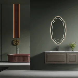 Elegant dark wood double bathroom vanity featuring classic paneling, white integrated sinks, and ornate LED mirrors for high-end villa interiors.