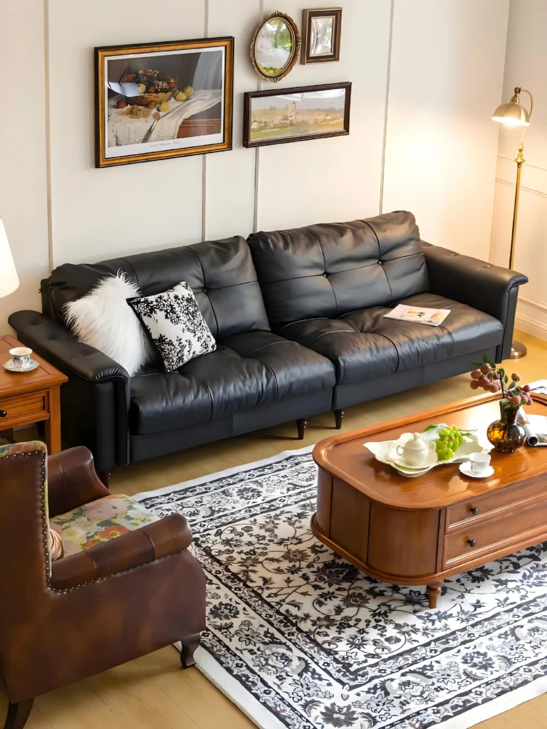 Cohesive interior design featuring a black leather sofa, brown armchair, and classic rug, highlighting George Homes' one-stop building project solutions.