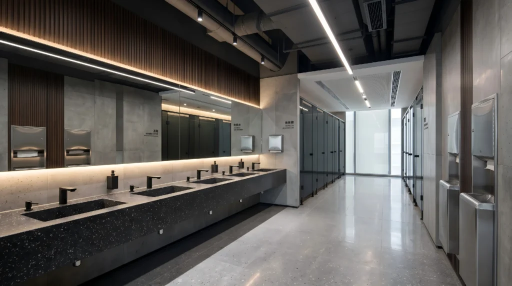 High-end commercial bathroom project featuring a continuous modern multi-sink vanity placed outside the toilet stalls for optimal hygiene and traffic flow, supplied by George Homes.