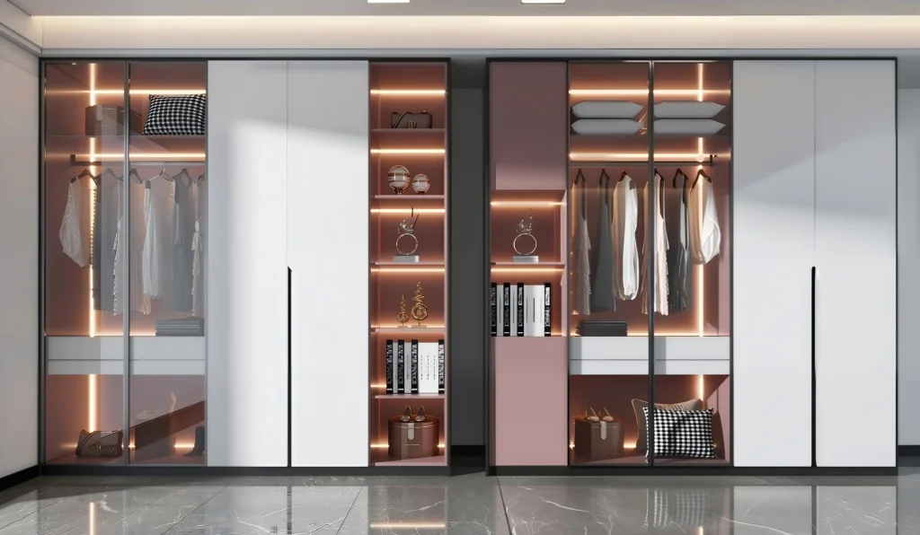 Contemporary bespoke closet system with white lacquer doors, rose gold interior architectural accents, and warm LED lighting designed for boutique hotels.