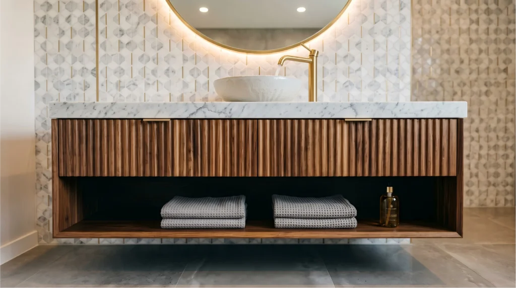 Close-up of a custom wall-mounted floating vanity featuring ribbed wood cabinetry, a premium marble countertop, and gold fixtures, ideal for dry zone bathroom layouts.