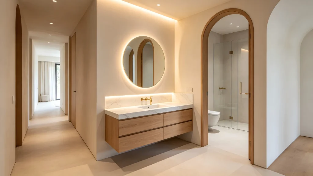 Modern hallway wash area demonstrating true dry and wet separation, featuring a custom light wood floating vanity located entirely outside the wet shower and toilet room.