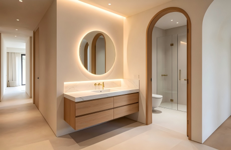 Modern hallway wash area demonstrating true dry and wet separation, featuring a custom light wood floating vanity located entirely outside the wet shower and toilet room.