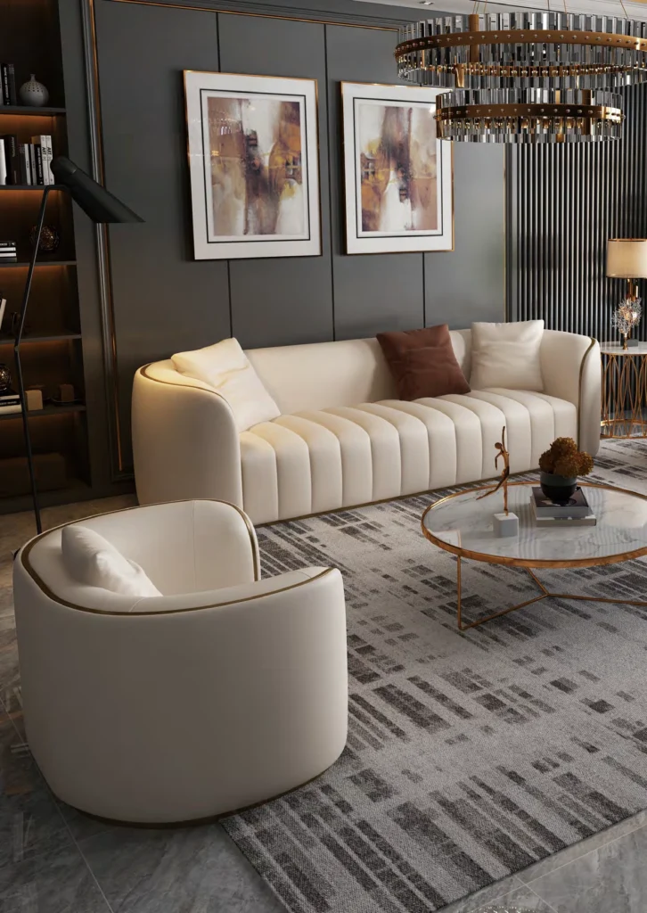 Premium white ribbed sofa showing B2B buyers how to buy leather furniture for high-end commercial spaces.