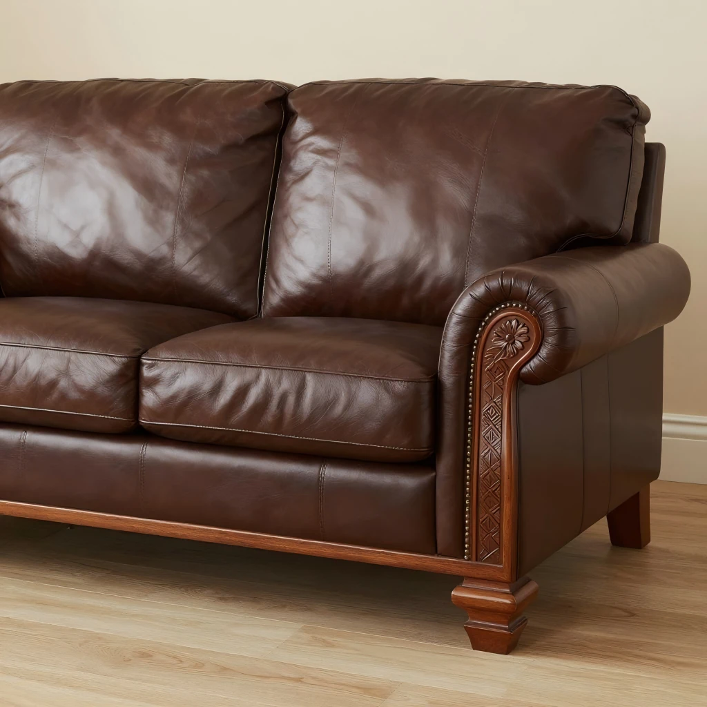 A meticulously well-maintained classic brown Chesterfield-style leather sofa with intricate carved wood details, serving as the hero image for George Homes' professional leather care guide.