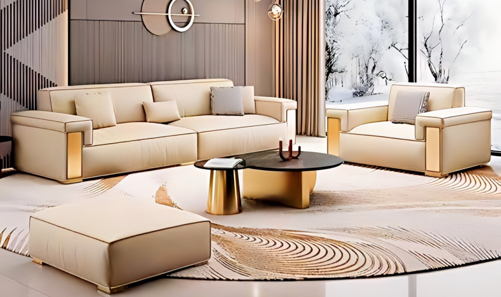 Complete luxury modular sofa set model S109 including a sectional and matching armchair in a modern residential setting.