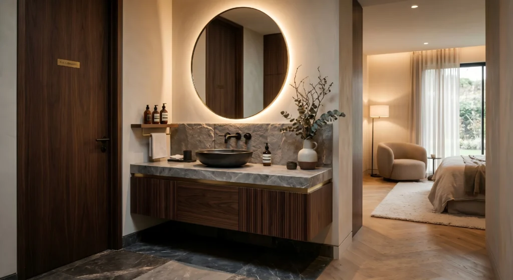 Luxury master bedroom suite with an external wash station, demonstrating how a custom stone vanity blends seamlessly like high-end furniture outside the enclosed bathroom.
