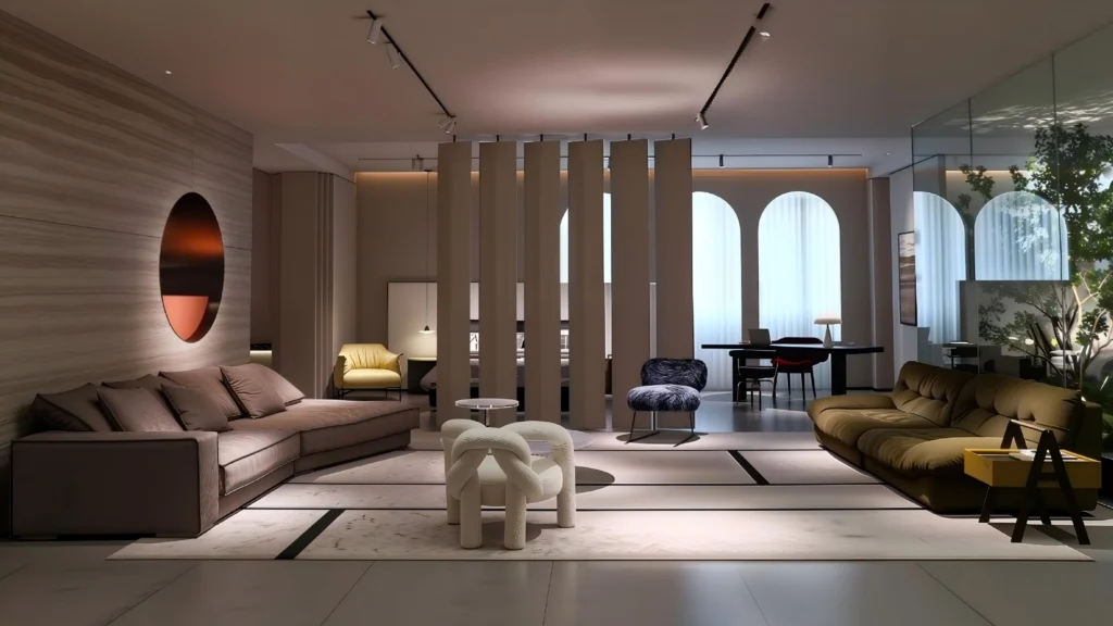 Spacious modern open-plan living area demonstrating how to measure space for furniture buying and optimize traffic flow.