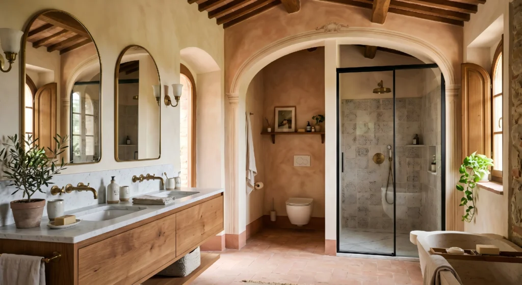 Custom matte black sliding glass shower enclosure installed in a luxury Mediterranean villa bathroom with terracotta floors.