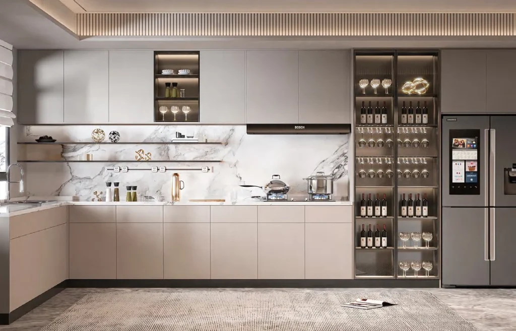 Minimalist light grey custom kitchen cabinets showcasing a built-in glass wine display and smart refrigerator integration.
