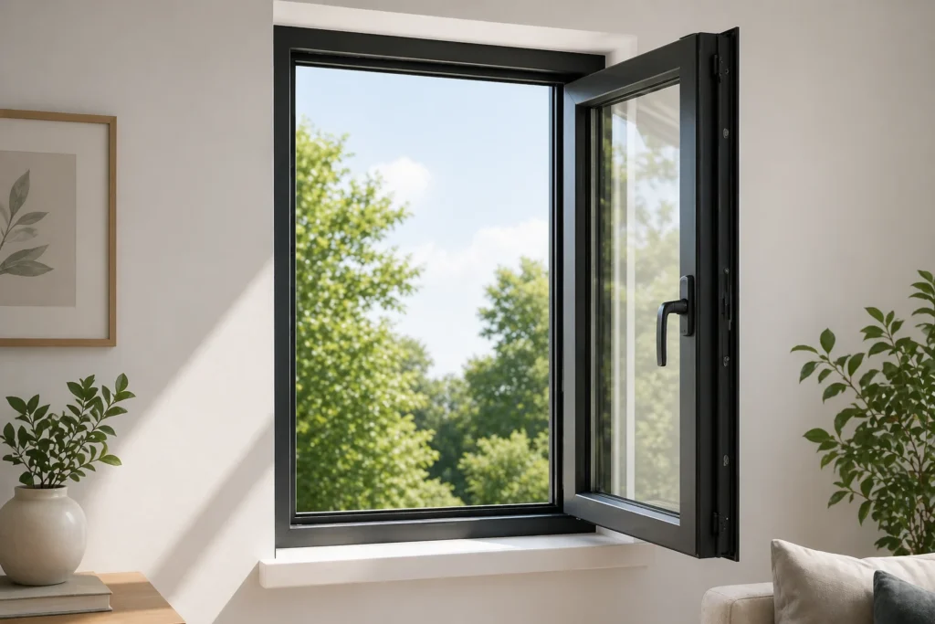 A modern black casement window swung open outward, demonstrating the side-hinged mechanism and excellent ventilation for residential projects.