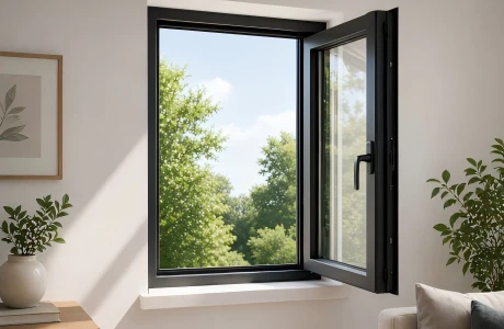 A modern black casement window swung open outward, demonstrating the side-hinged mechanism and excellent ventilation for residential projects.