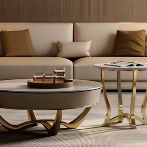Modern luxury straight sofa model S108 featuring beige upholstery and brushed brass legs, designed for boutique hotel lobbies.
