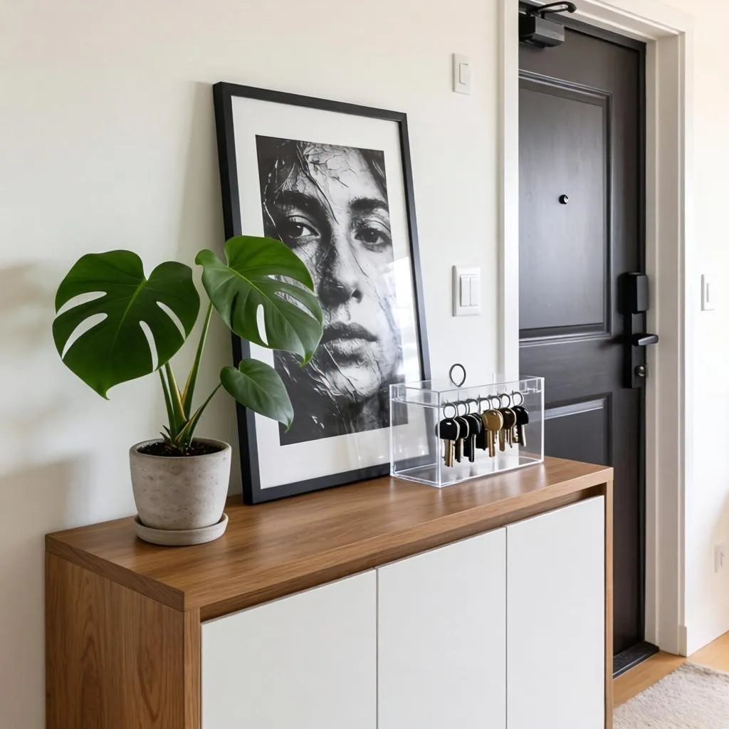 Modern minimalist wooden console table styling with artwork and greenery, ideal for high-end residential entryway transitions.