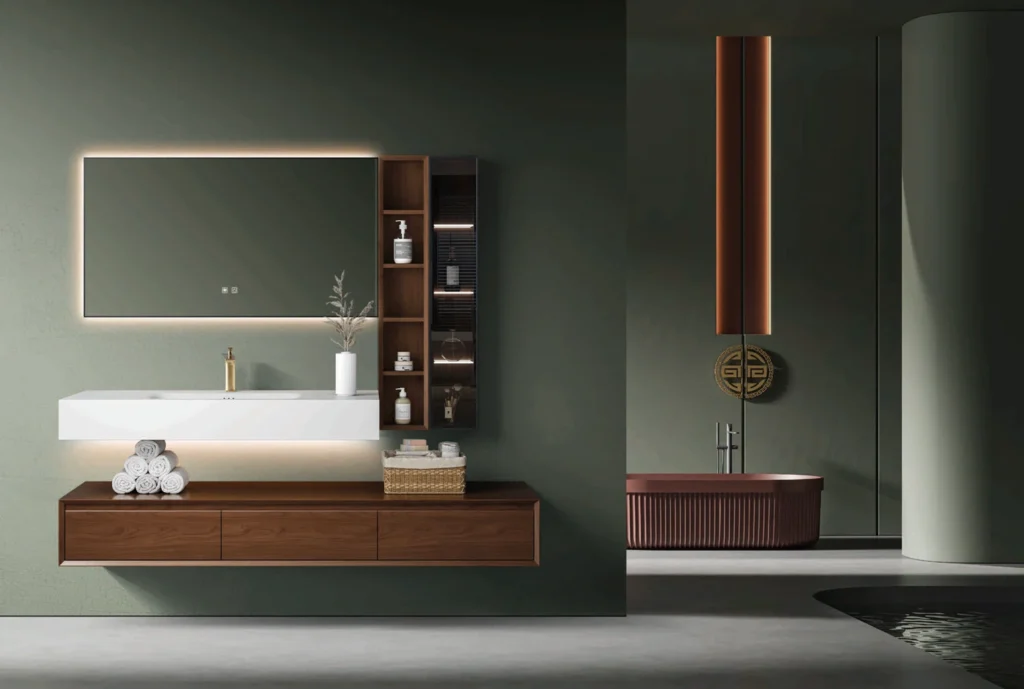 Modern single floating bathroom vanity in warm wood finish featuring a matching side storage cabinet and LED smart mirror, designed by George Homes for luxury hospitality projects.