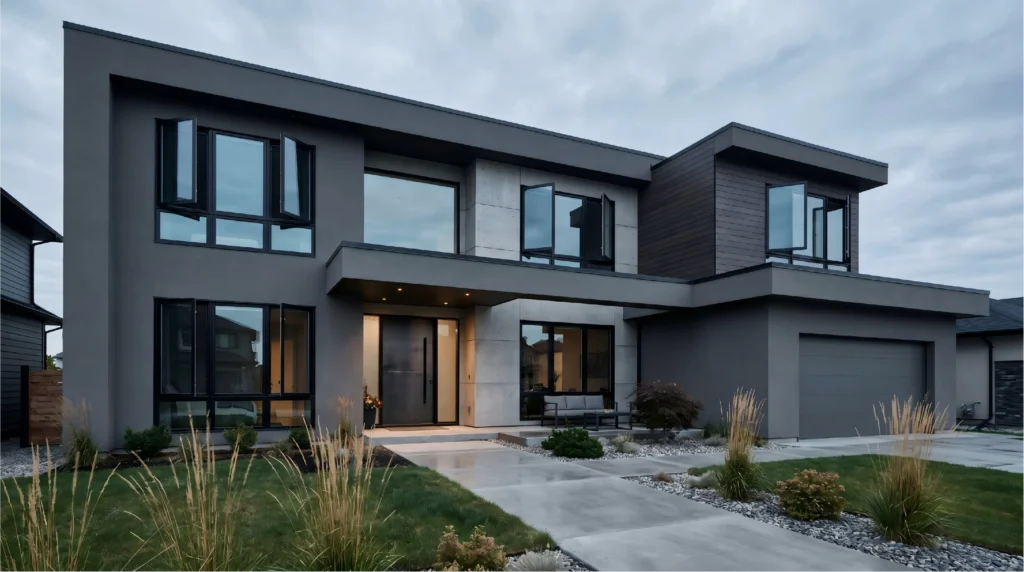 Exterior of a luxury modern villa featuring multiple open black casement windows, showcasing their application in contemporary architectural builds.
