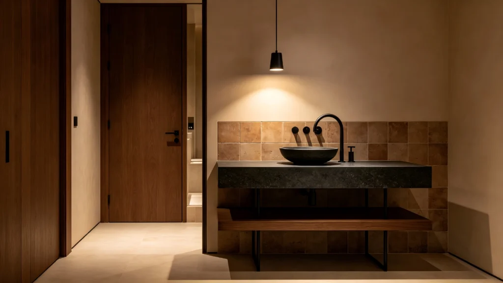 Rustic luxury hallway wash area featuring a dark stone vessel sink, natural stone countertop, and ambient lighting, placed completely outside the bathroom for a premium dry and wet separation design.