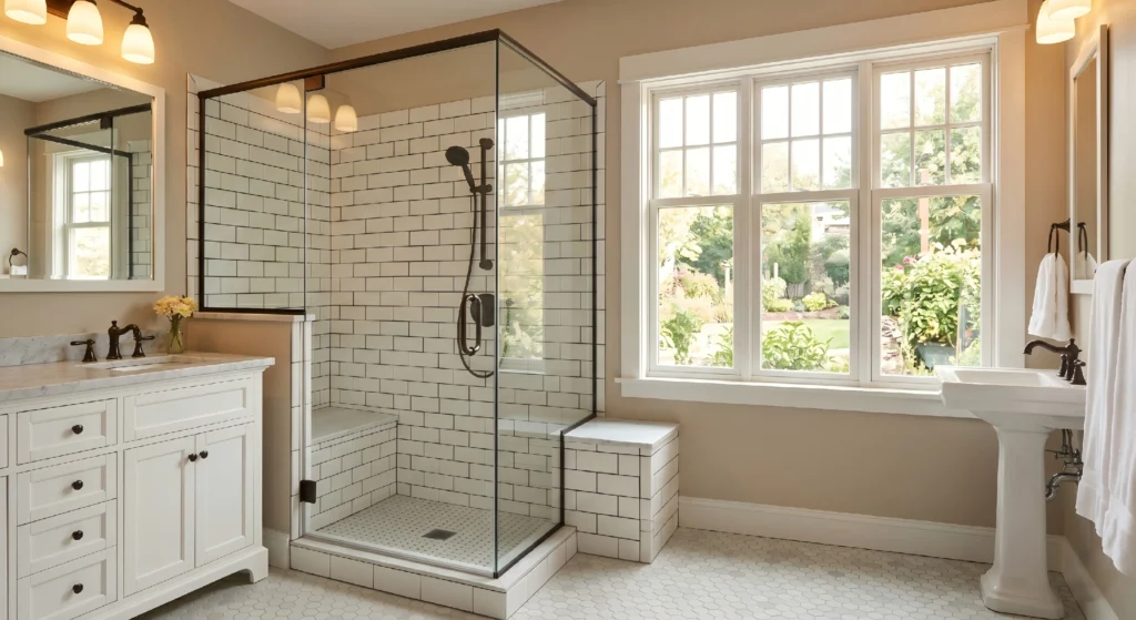 Semi-frameless glass shower cabin featuring oil-rubbed bronze hardware and built-in bench seating for hotel projects.