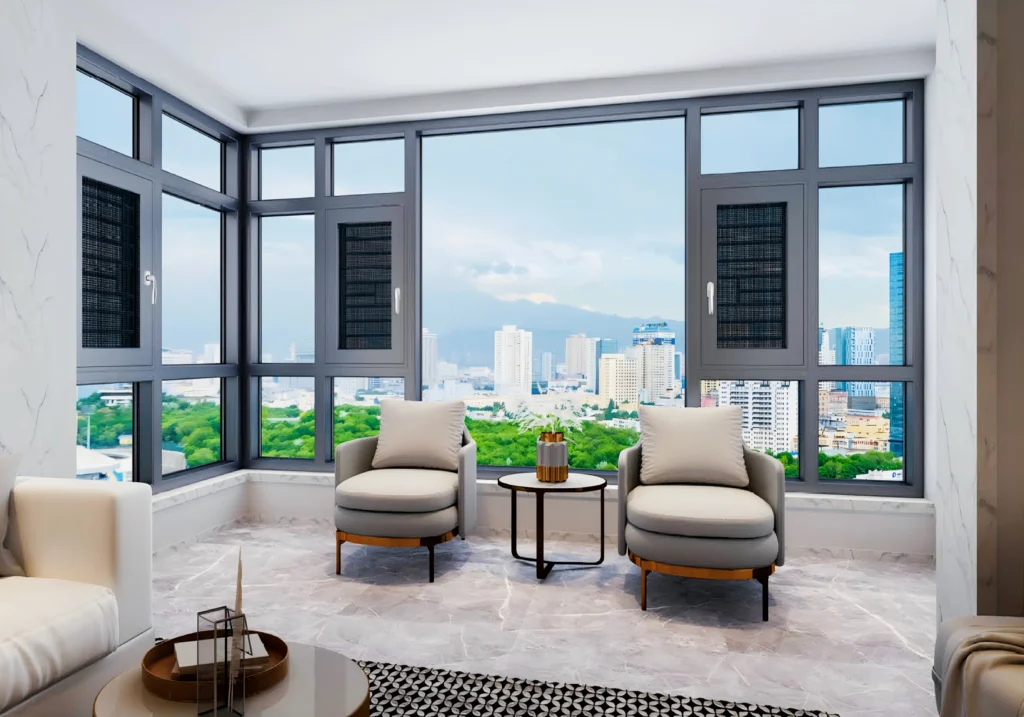 Soundproof aluminum casement windows with fly screens installed in a bright, modern living room corner.