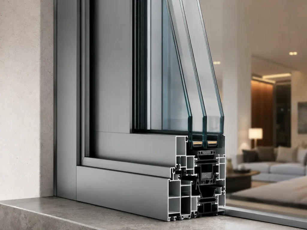 Close-up of a premium acoustic window frame with laminated multi-layer glass for noise reduction
