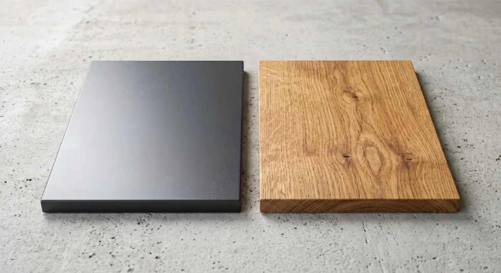 Side-by-side material comparison of a sleek modern aluminum panel and natural solid wood for custom entry doors.