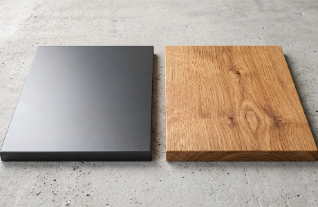 Side-by-side material comparison of a sleek modern aluminum panel and natural solid wood for custom entry doors.