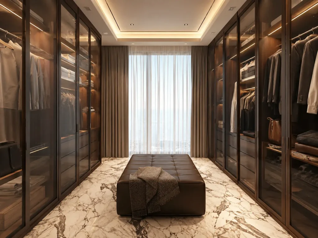Premium aluminum frame and tinted glass closet doors in a high-end luxury walk-in wardrobe featuring marble flooring.