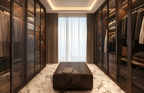 Premium aluminum frame and tinted glass closet doors in a high-end luxury walk-in wardrobe featuring marble flooring.