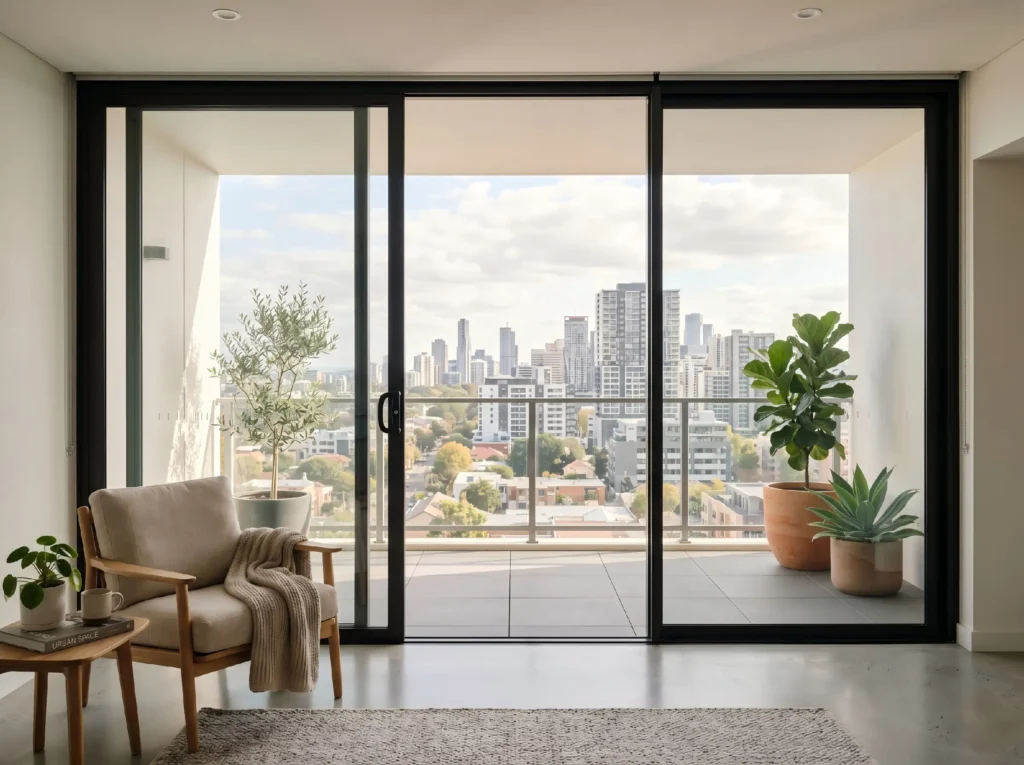 Aluminum framed custom glass sliding doors opening to a modern city balcony, offering high light transmission and sleek profiles.