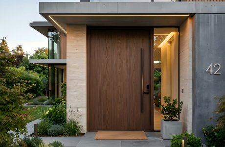Custom solid wood entry door for a luxury villa, featuring modern hardware and a premium finish by George Homes.