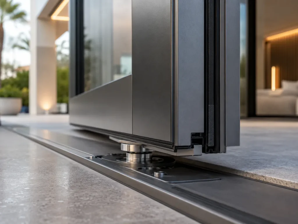 Close-up of premium aluminum pivot door bottom hardware, threshold, sealing system and precision engineering detail
