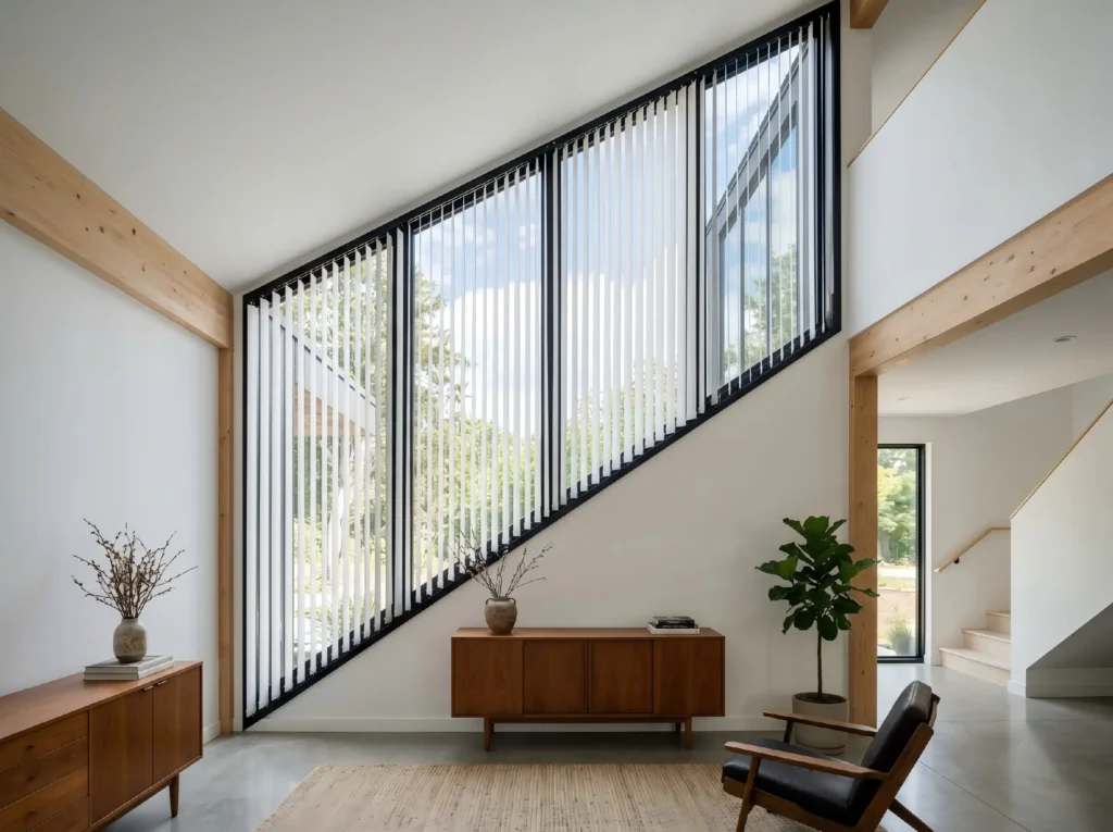 Flawless installation of custom made vertical window blinds on a large modern angled window in a loft home, showcasing precision engineering for complex window types by George Homes.
